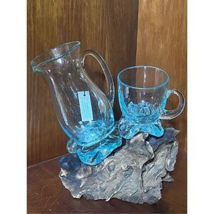 W&W Teak Driftwood Glass Pitcher Set #GF8334 NWT